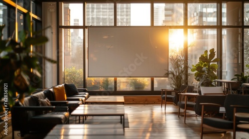 Unmarked boards against a backdrop of sleek modern furniture and large windows photo