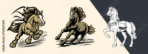 Wild horse roaming through wilderness illustration set for t-shirt. Generative AI.