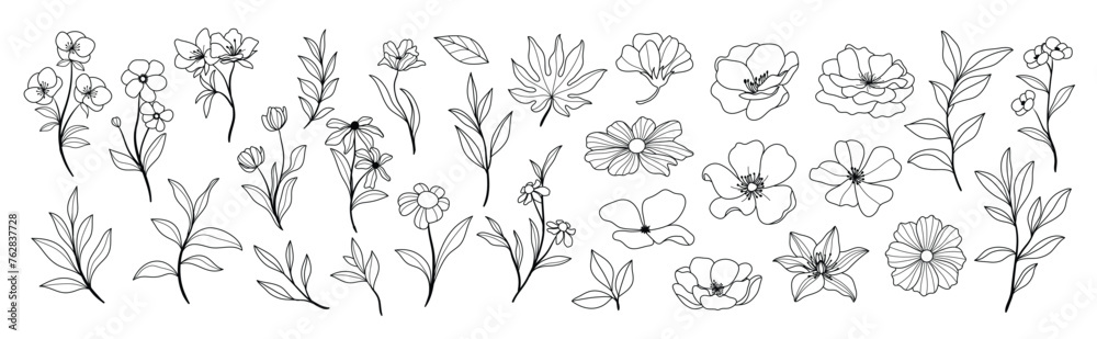 Set of flower hand drawn element vector. Collection of foliage, branch, floral, leaves, wildflower, roses in line art. Spring blossom illustration design for logo, wedding, invitation, decor.