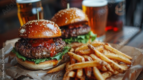 Gourmet mini burgers with fries and beer  perfect for social gatherings