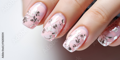  Beauty elegant nails design attractive engaging wallpaper background A manicure with white flowers and a touch of pink design on nail 
