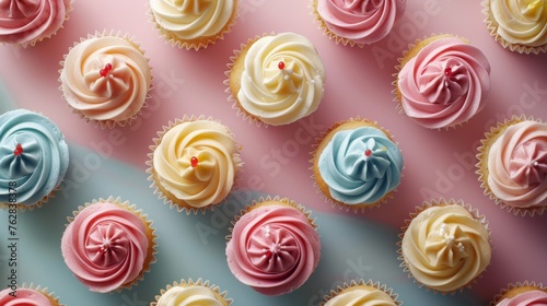 Assorted mini cupcakes with colorful frosting on pastel background