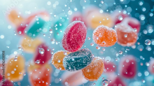 Colorful mini jelly candies with sparkling sugar in a playful composition