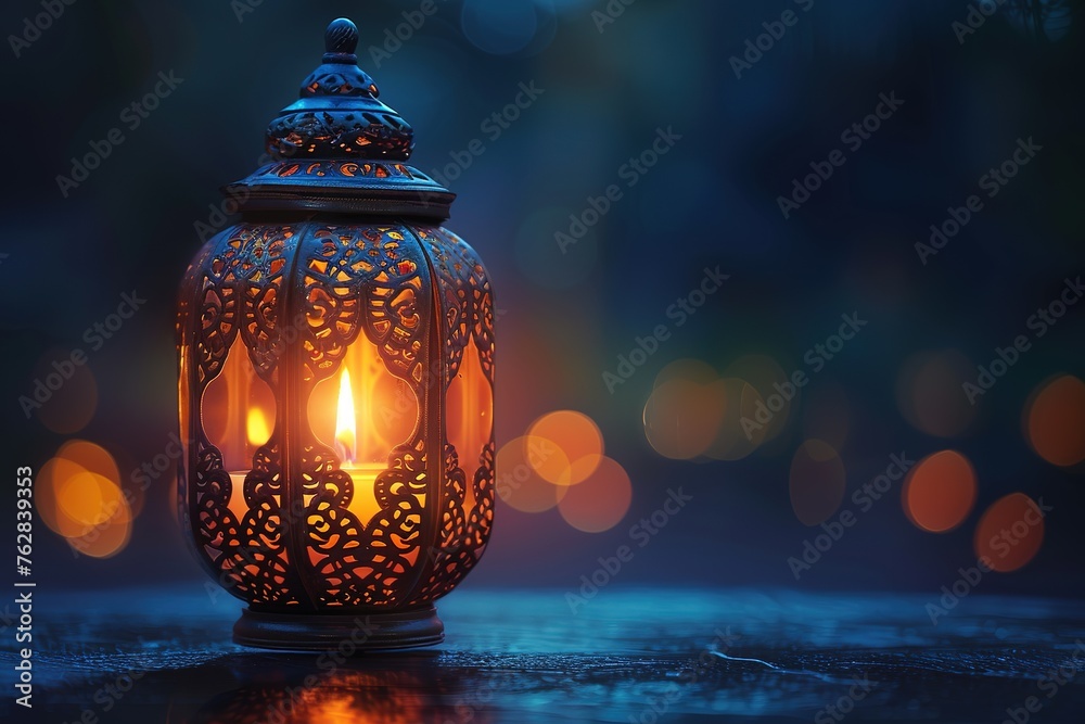 Muslim holy month and glittering golden bokeh lights Ornamental Arabic lantern with burning candle glowing at night Muslim holy month and glittering golden bokeh lights Ornamental Arabic lantern with burning candle glowing at night