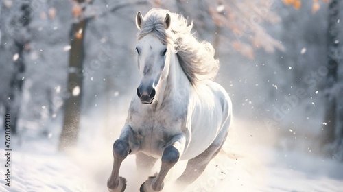A majestic white horse galloping freely in the snow. © Graphica Galore