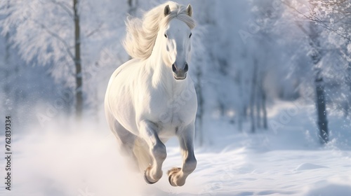 A majestic white horse galloping freely in the snow.