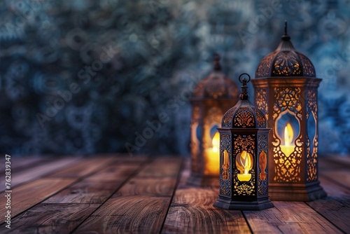 Muslim holy month and glittering golden bokeh lights Ornamental Arabic lantern with burning candle glowing at night