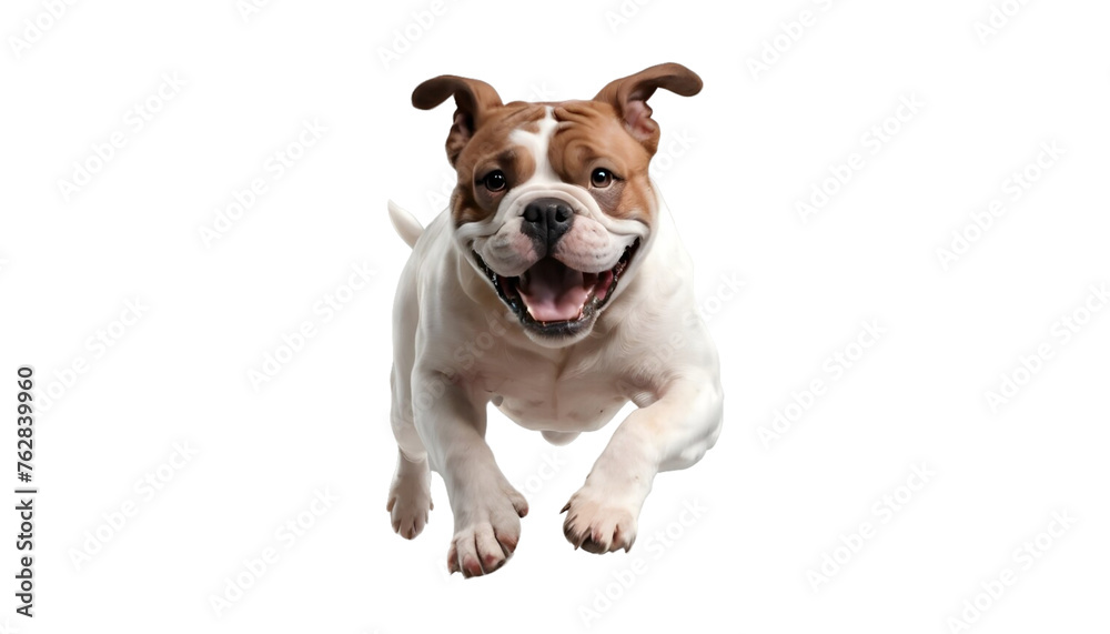 Bulldog in motion, playing, running towards camera isolated on transparent background 
