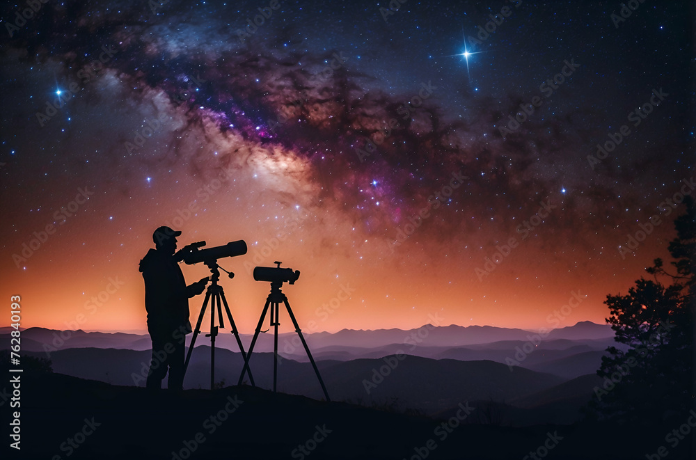 Astronomer's Silhouette Gazing at the Vibrant Night Sky