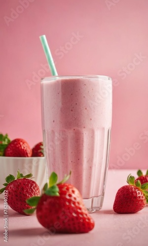 Healthy strawberry milkshake with strawberries in a glass
