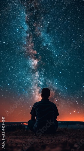 A man is sitting on the ground looking up at the stars