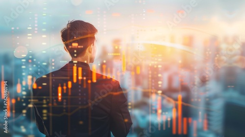 Back view of thoughtful young businessman with forex chart on bright city background with copy space and sunlight. Finance concept. Double exposure
