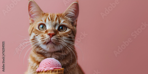 cat with a bow, Funny animal pet summer holiday vacation photography banner - Closeup of cat with sunglasses, eating ice cream in cone, isolated on apricote background  photo