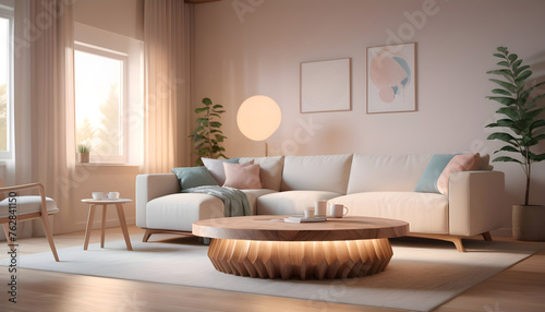 Round wood coffee table white sofa home interior design of modern living room 9 © GUS