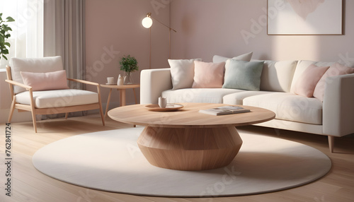 Round wood coffee table white sofa home interior design of modern living room 12 © GUS
