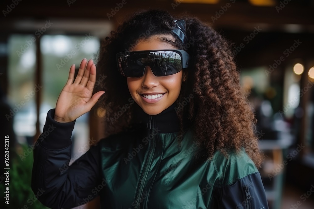Happy African American girl touches augmented reality using virtual reality glasses