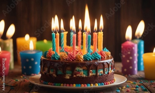 Colorful birthday cake with many burning candles on a wooden table. Happy birthday card banner background