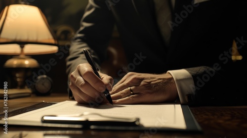 A lawyer's solemn act of signing a significant legal document, set against a dark backdrop to evoke a sense of gravity and professionalism