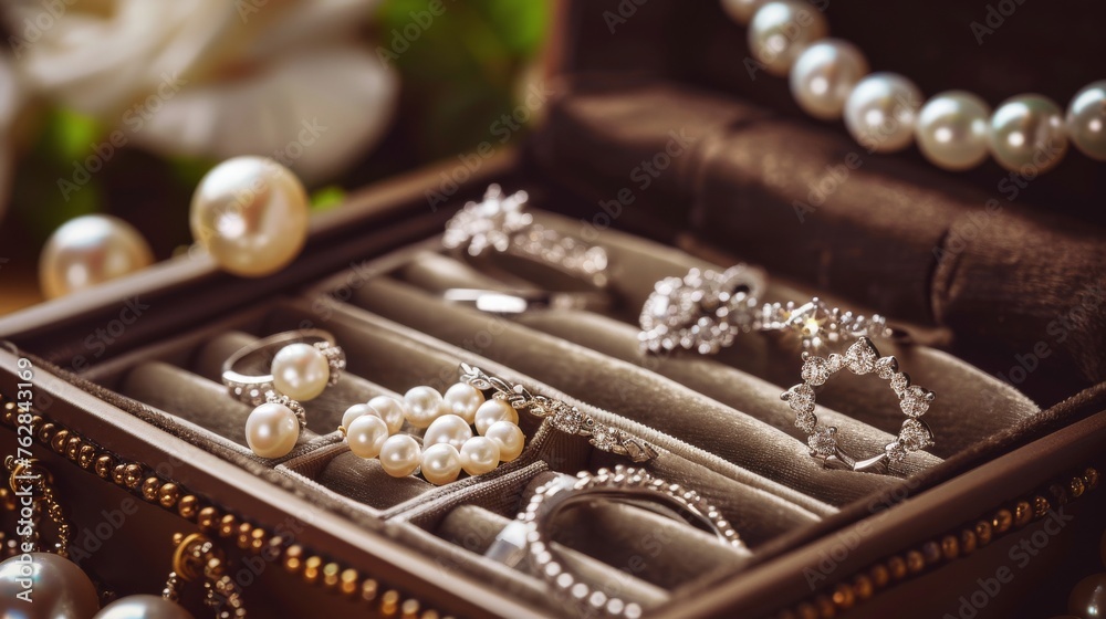A luxurious jewelry box filled with an array of white gold and silver rings, earrings, and pendants adorned with pearls A luxurious jewelry box filled with an array of white gold and silver rings, earrings, and pendants adorned with pearls