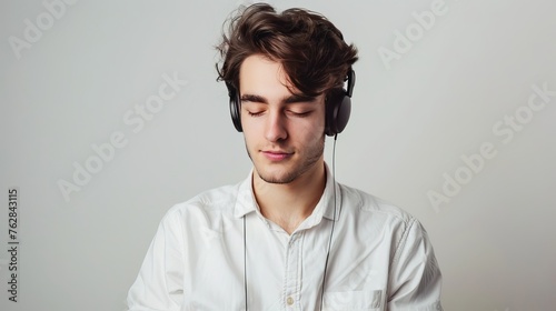 Portrait of young handsome man listening to music with his smartphone. Isolated white background. © Emil