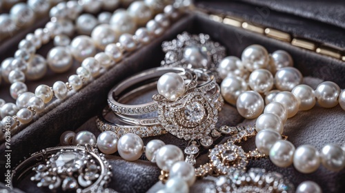 A luxurious jewelry box filled with an array of white gold and silver rings, earrings, and pendants adorned with pearls