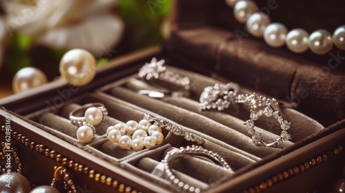 A luxurious jewelry box filled with an array of white gold and silver rings, earrings, and pendants adorned with pearls © Orxan