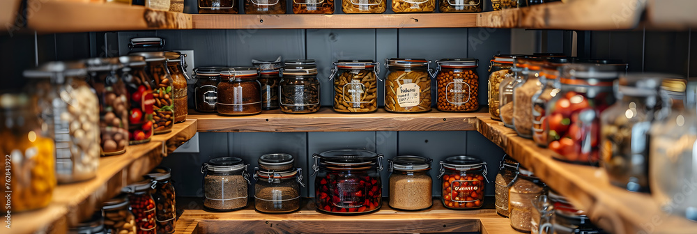 Organized Food Pantry Closet in Cozy Cottage Style,
glass jars for food storage on a kitchen shelf. pasta, rice and beans in transparent containers. isolated. home order and household.  