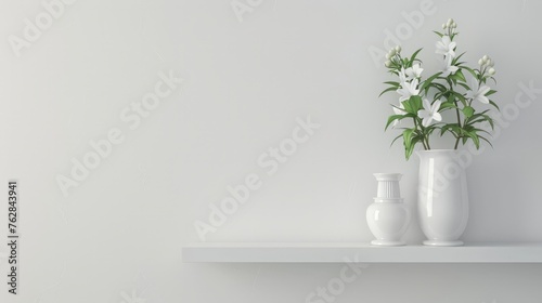 Decorative shelf on white wall with flower ina vase on it photo
