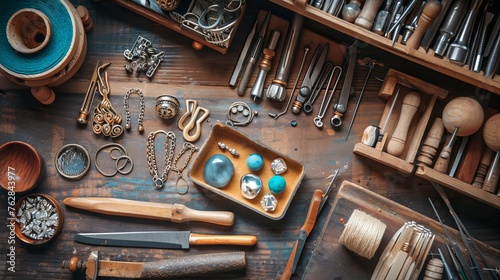 A professional jeweler's desktop, organized with tools essential for crafting exquisite jewelry pieces  photo