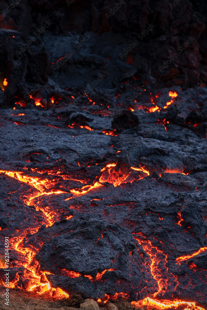 Volcanic eruption, landscape and lava flow close-up, in Fagradalsfjall, Reykjanes peninsula, Iceland