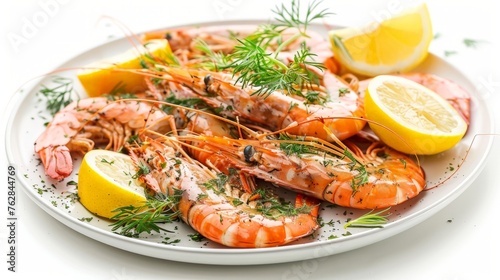 Steamed shrimps with lemon and herbs. Seafood, shellfish.