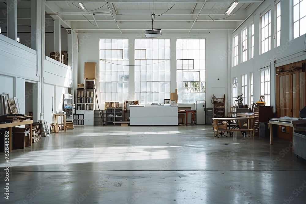 Spacious and modern open-plan workshop interior with minimalist design and ample sunlight Spacious and modern open-plan workshop interior with minimalist design and ample sunlight