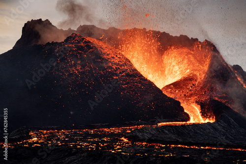 Volcanic eruption explosion and lava flow in the lava field of Fagradalsfjall, Geldingadalir, Reykjanes Peninsula, Iceland