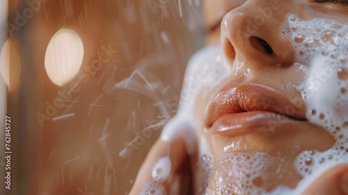 A person applying a gentle exfoliating product or facial cleanser to the skin, convey the importance of a delicate and effective exfoliation step in skincare routines.	