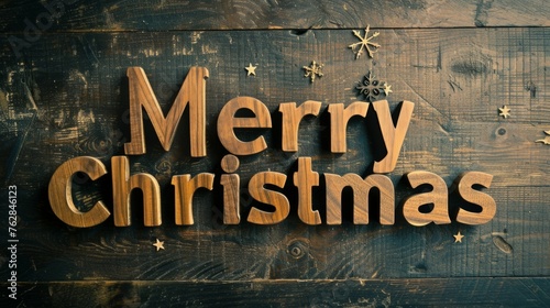 Wooden Mahogany Merry Christmas concept creative horizontal art poster.