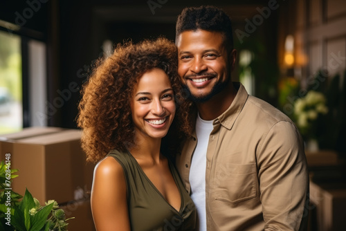 Home moving concept: Close-up and front view of a young couple man and woman smiling and looking at the camera after moving cardboard boxes to new real estate...