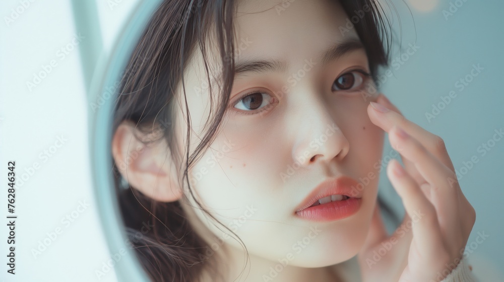 Young Asian woman touching healthy facial beauty skin look at mirror. makeup of beauty facial girl with skincare and cosmetic treatment, skin care and healthy concept. Young Asian woman touching healthy facial beauty skin look at mirror. makeup of beauty facial girl with skincare and cosmetic treatment, skin care and healthy concept.