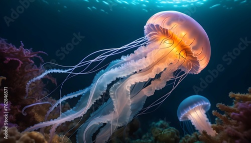 A Jellyfish In A Sea Of Glowing Aquatic Life Upscaled 6 © Hadia