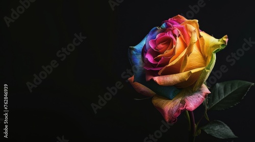 Vivid Rainbow Rose Against Black Background