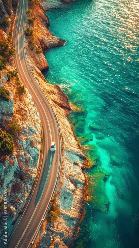 A road with a car driving down it and a body of water in the background