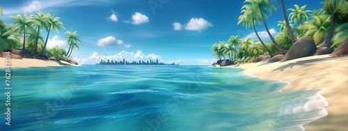 A beautiful beach scene with palm trees and a clear blue ocean © haha