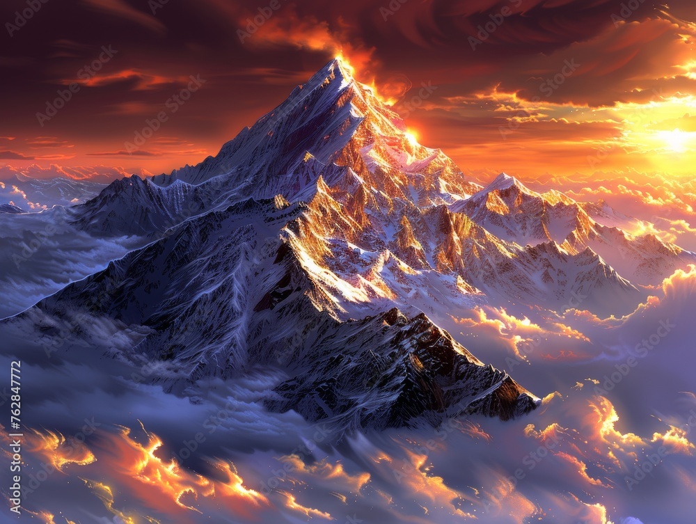 A mountain with a red sun in the sky