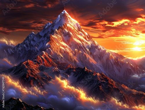 A mountain with a red sun in the sky