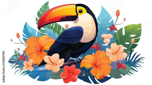 Illustration of toucan with tropical plants. Exotic © iclute