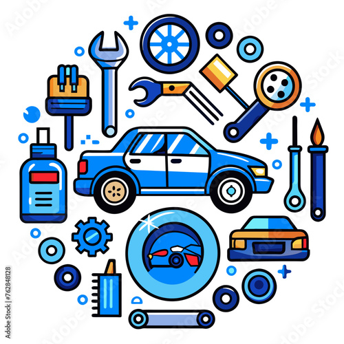 Car service icon set with black stroke and white background. Auto service, car repair icon set. Car service and garage.
