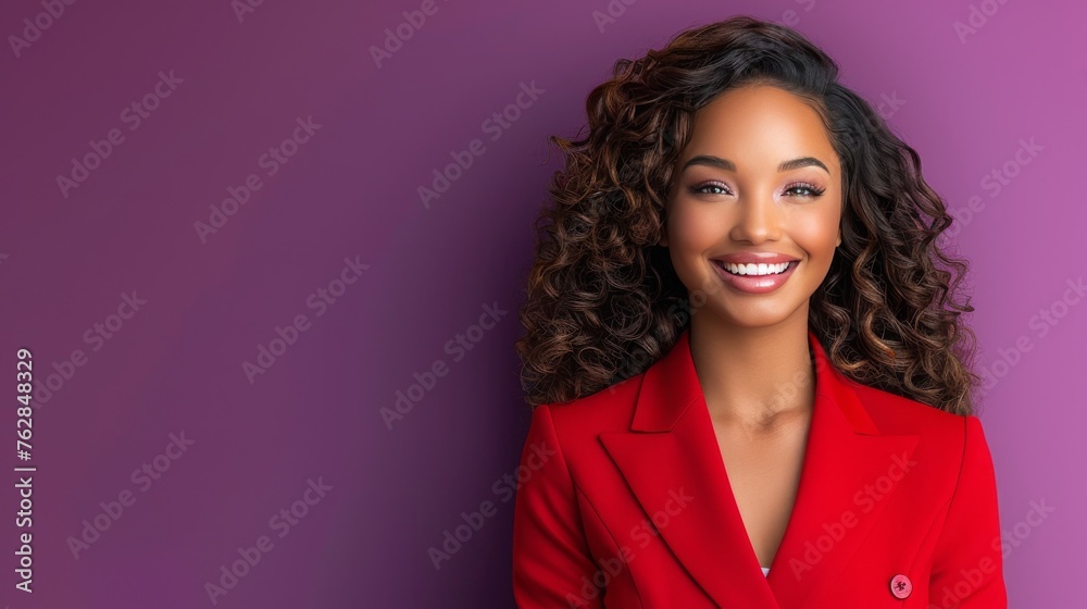 A businesswoman in a suit is smiling and posing for a photo A businesswoman in a suit is smiling and posing for a photo