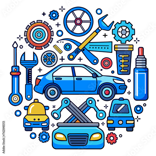 Car service icon set with black stroke and white background. Auto service, car repair icon set. Car service and garage.