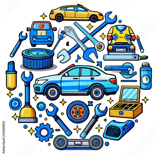 Car service icon set with black stroke and white background. Auto service, car repair icon set. Car service and garage.