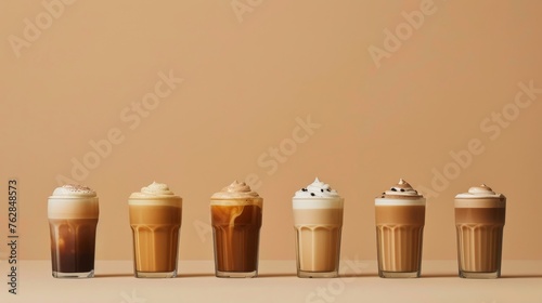 Variety of organic coffee drinks on a natural background
