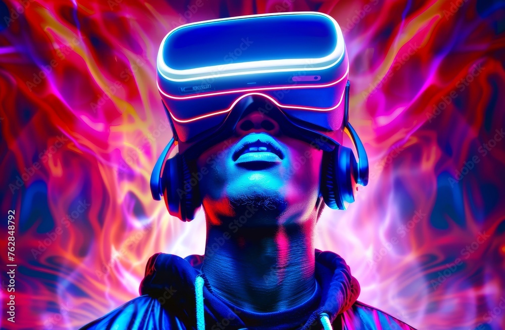 A man wearing a virtual reality headset is looking at a fire A man wearing a virtual reality headset is looking at a fire